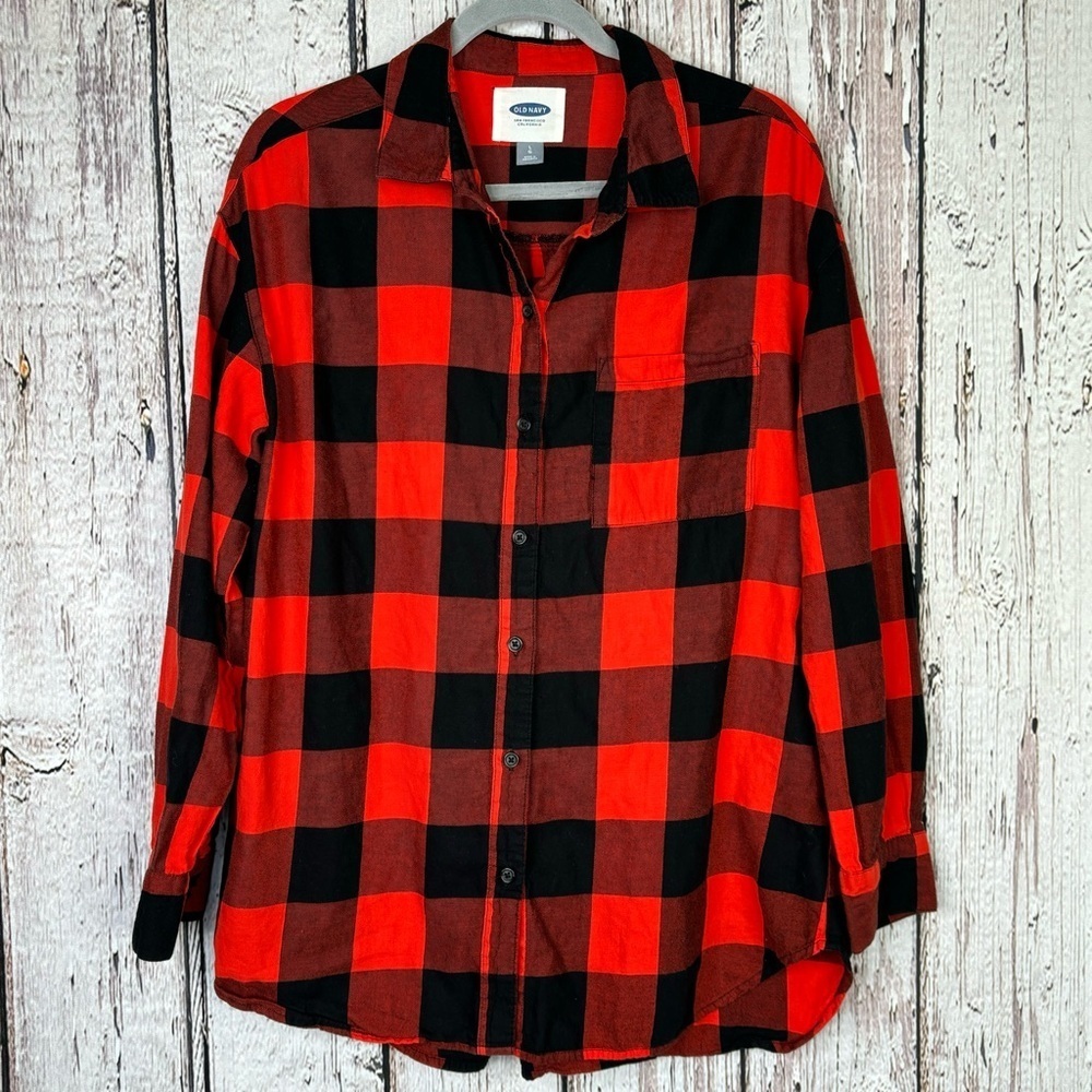 Old Navy Large Buffalo Plaid Flannel Shirt Boyfriend Fit Red Black (Warm Red)!